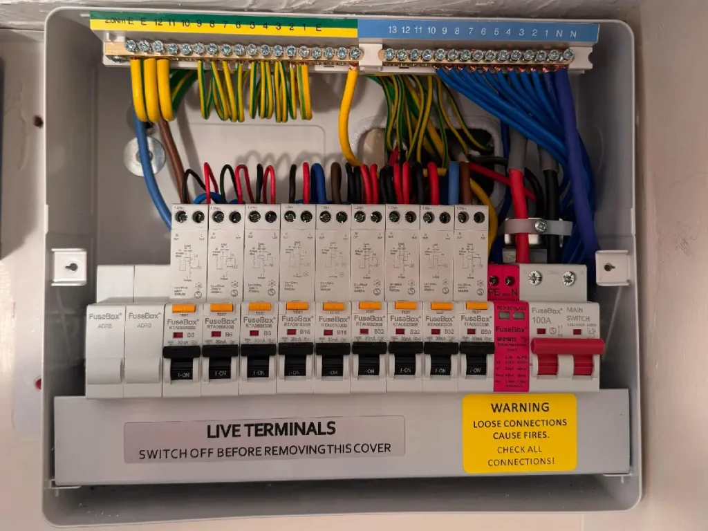 The new RCBO Consumer Unit has a metal housing in line with latest electrical regulations.