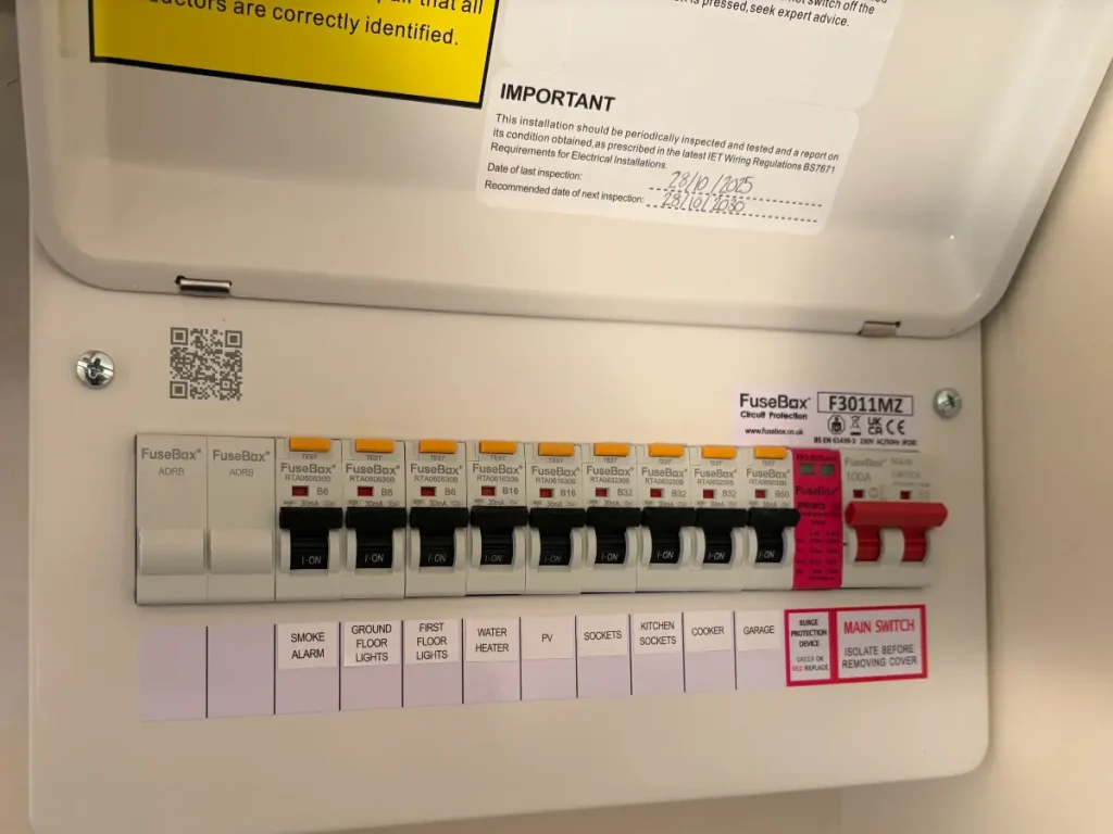 The RCBO gives individual circuit protection and flexibility for future expansion.